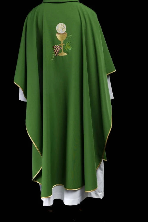 Green Chasuble with chalice and grape embroidery — side view