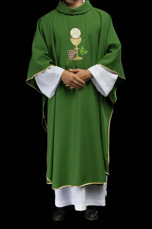 Green Chasuble with chalice and grape embroidery — collar detail