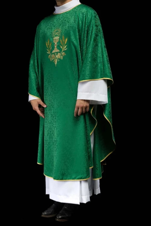 Green Chasuble with chalice and host embroidery on jacquard fabric — full view