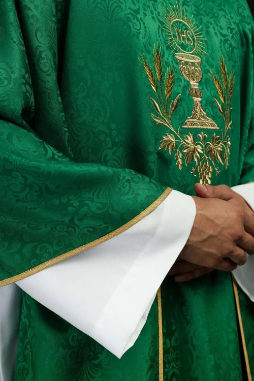 Green Chasuble with chalice and host embroidery on jacquard fabric — back view