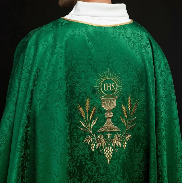 Green Chasuble with chalice and host embroidery on jacquard fabric — side view