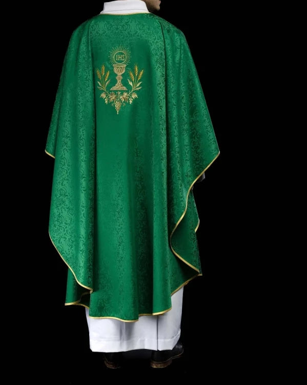 Green Chasuble with chalice and host embroidery on jacquard fabric — collar detail