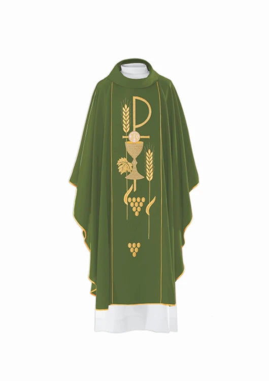 Green Chasuble with chalice embroidery with IHS — front view