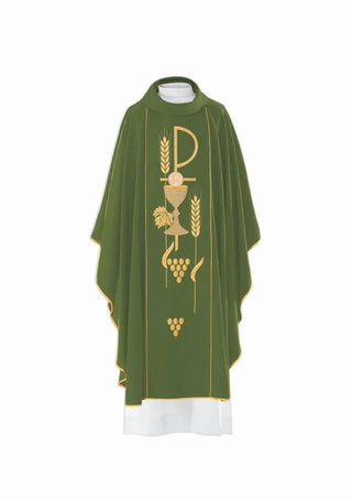 Green Chasuble with chalice embroidery with IHS — front view