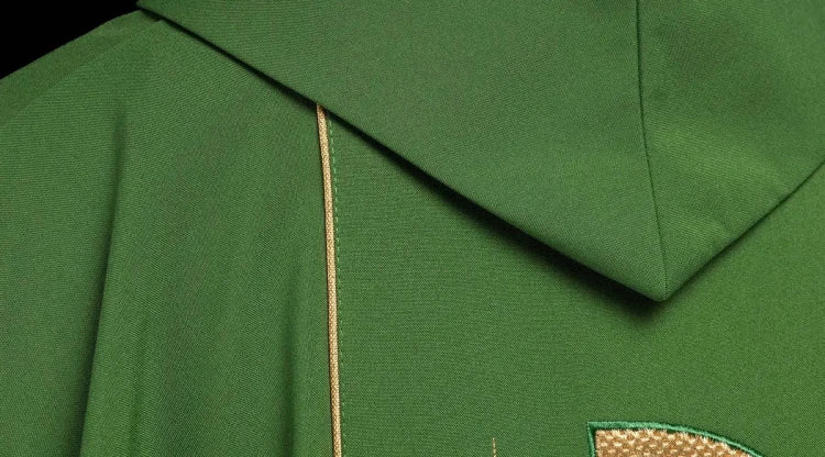 Green Chasuble with chalice embroidery with IHS — side view
