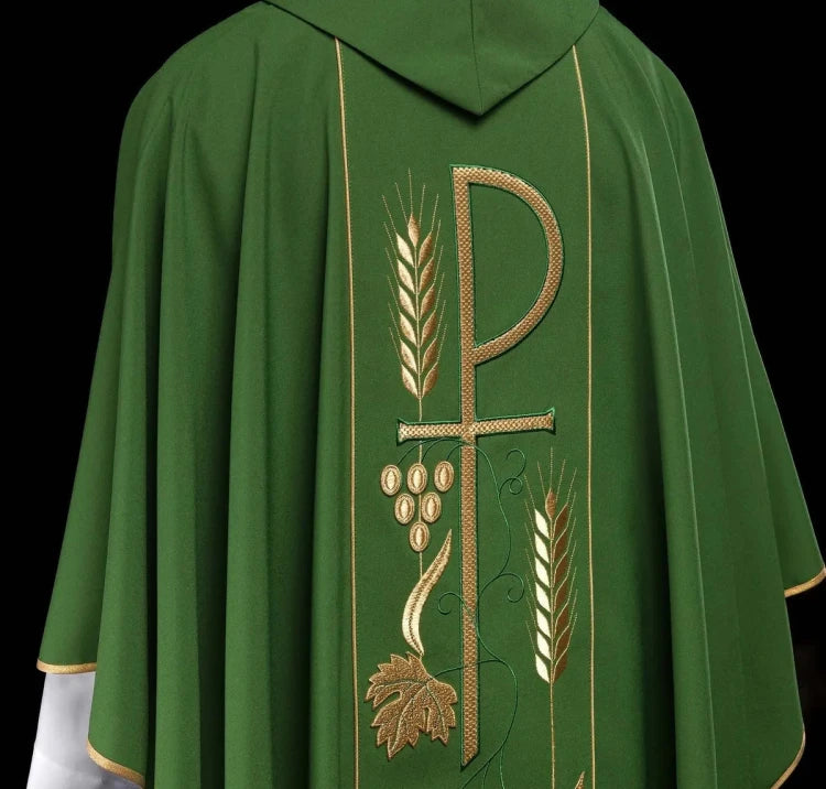 Green Chasuble with chalice embroidery with IHS — collar detail