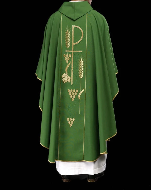 Green Chasuble with chalice embroidery with IHS — vestment detail