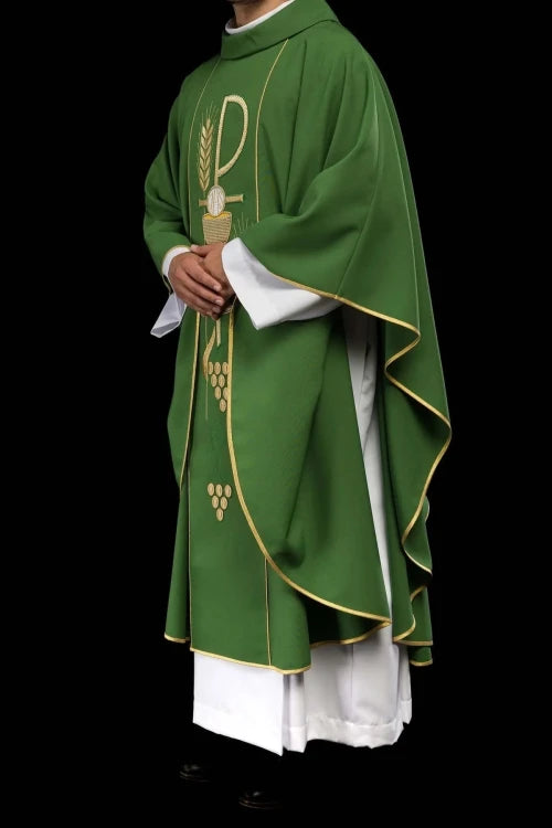 Green Chasuble with chalice embroidery with IHS — additional view