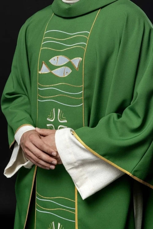 Green Chasuble with cross and fish embroidery — front view