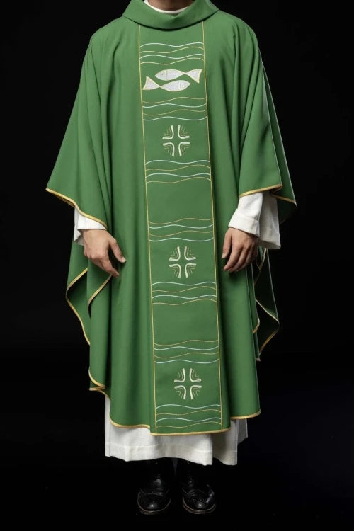 Green Chasuble with cross and fish embroidery — full view