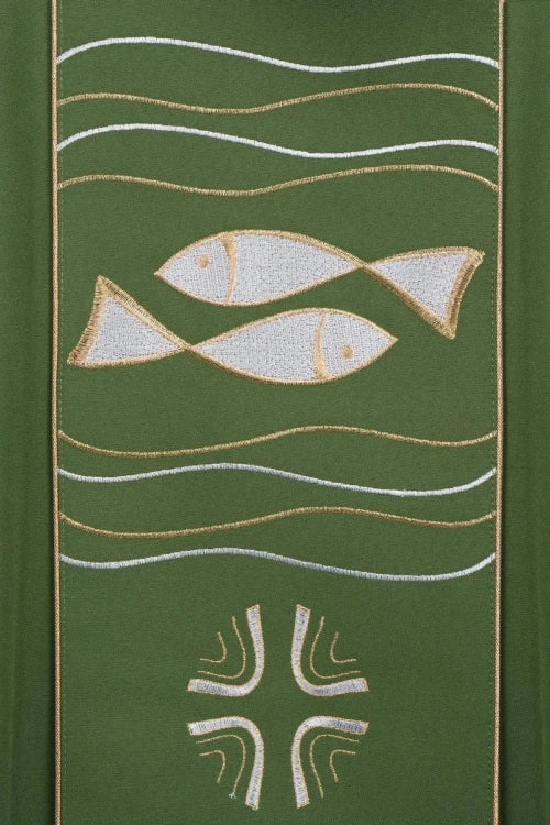 Green Chasuble with cross and fish embroidery — decoration detail