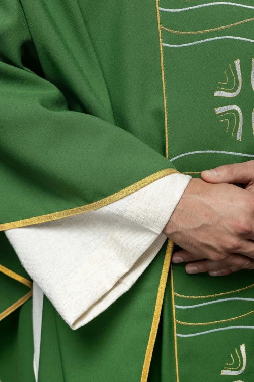 Green Chasuble with cross and fish embroidery — back view