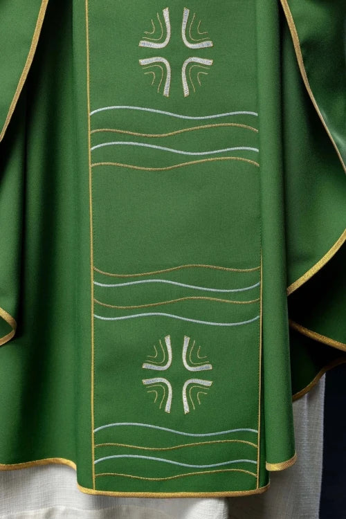 Green Chasuble with cross and fish embroidery — close-up detail