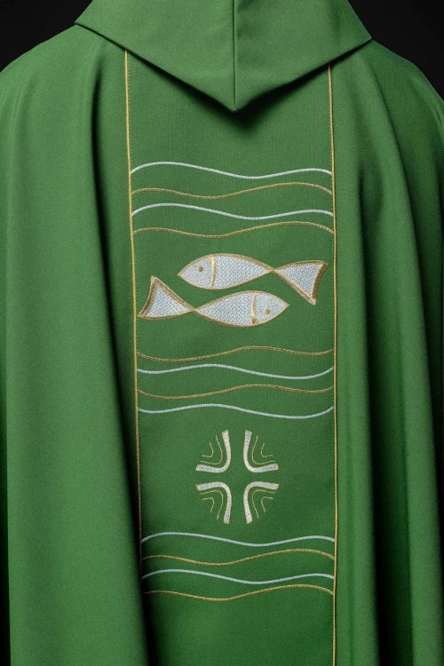 Green Chasuble with cross and fish embroidery — side view