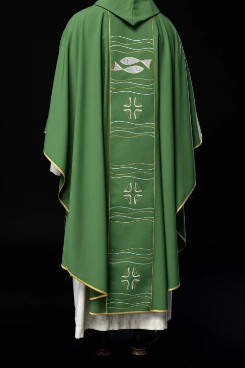 Green Chasuble with cross and fish embroidery — collar detail