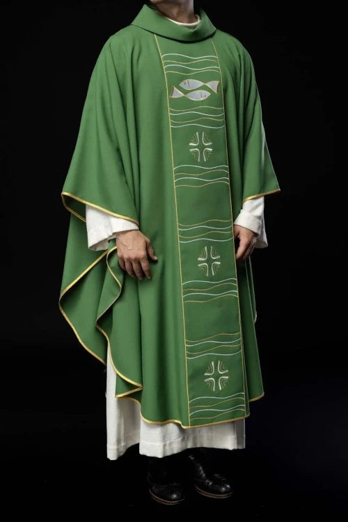 Green Chasuble with cross and fish embroidery — fabric detail