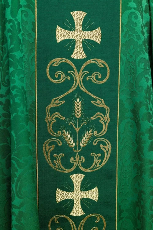 Green Chasuble with decorative embroidered band — back view