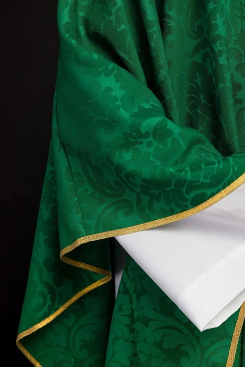 Green Chasuble with decorative embroidered band — close-up detail