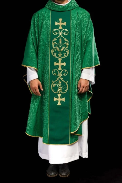Green Chasuble with decorative embroidered band — collar detail