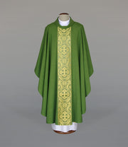 Green Chasuble with elegant woven decorative band — front view