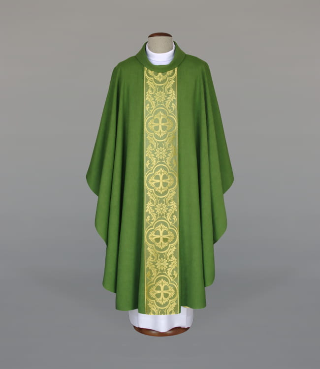 Green Chasuble with elegant woven decorative band — front view