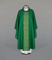 Green Chasuble with elegant woven decorative band – Variant II — front view