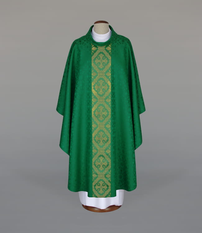 Green Chasuble with elegant woven decorative band – Variant II — front view