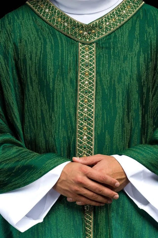 Green Chasuble with embroidered band and collar — front view