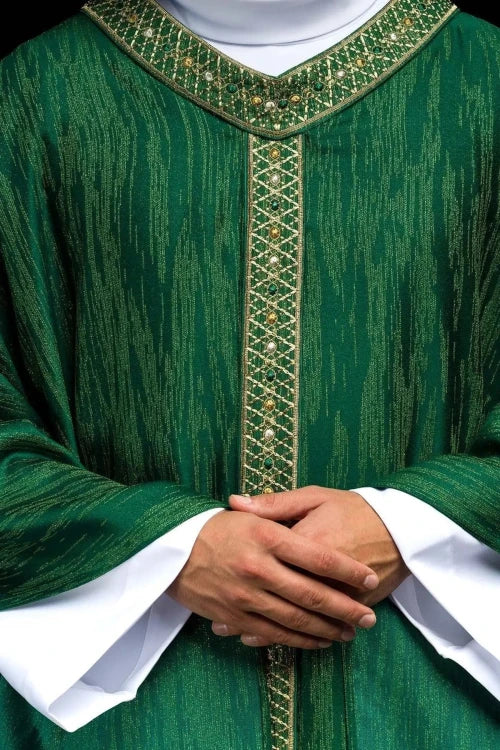 Green Chasuble with embroidered band and collar — front view