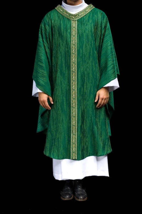 Green Chasuble with embroidered band and collar — full view