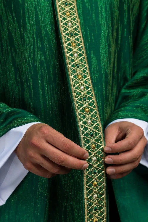 Green Chasuble with embroidered band and collar — back view