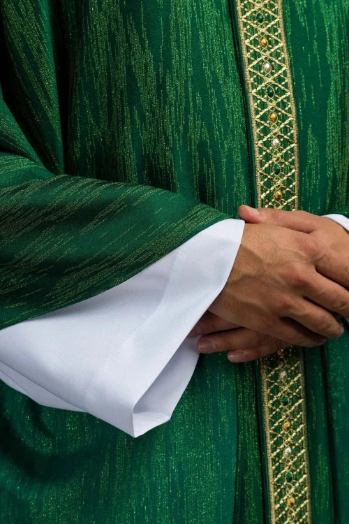 Green Chasuble with embroidered band and collar — close-up detail