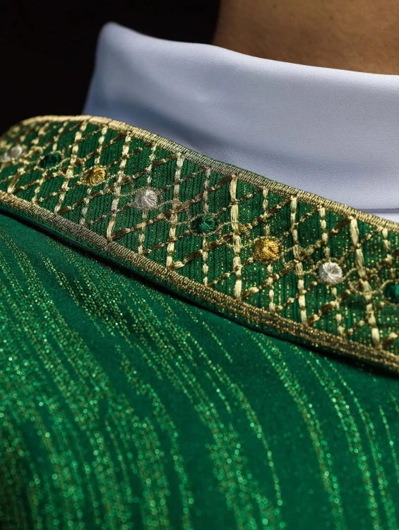 Green Chasuble with embroidered band and collar — side view