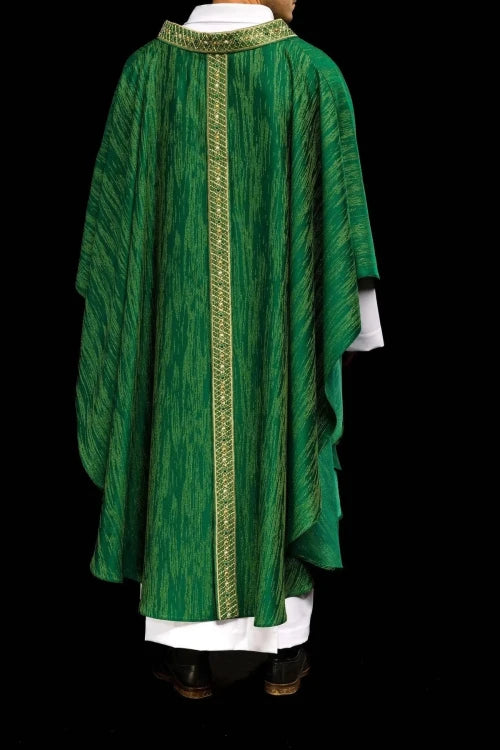 Green Chasuble with embroidered band and collar — fabric detail