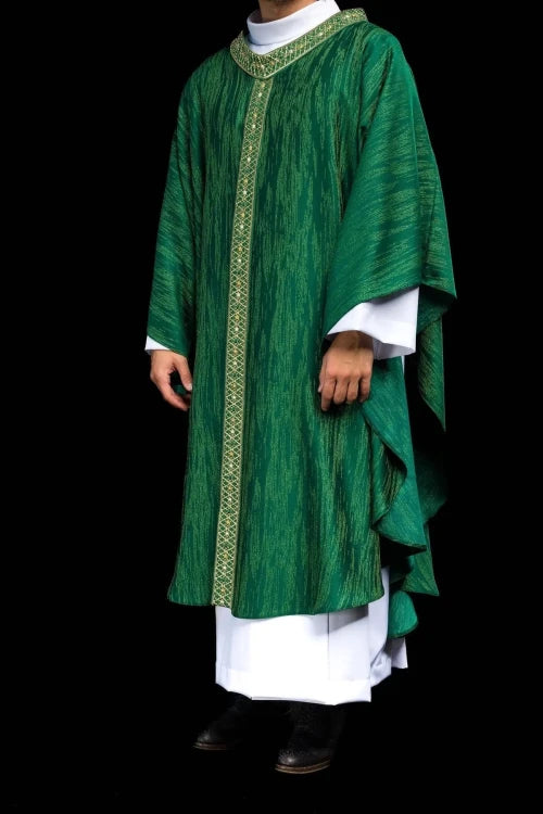 Green Chasuble with embroidered band and collar — vestment detail