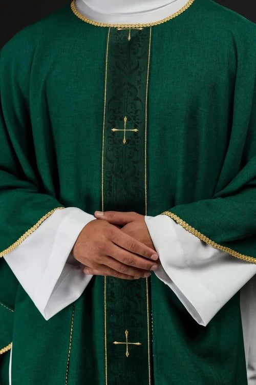 Green Chasuble with embroidered band with cross motif — front view