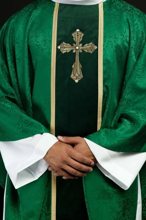 Green Chasuble with embroidered band with cross motif — front view