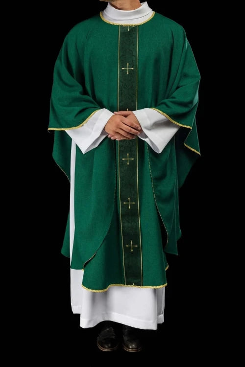 Green Chasuble with embroidered band with cross motif — full view