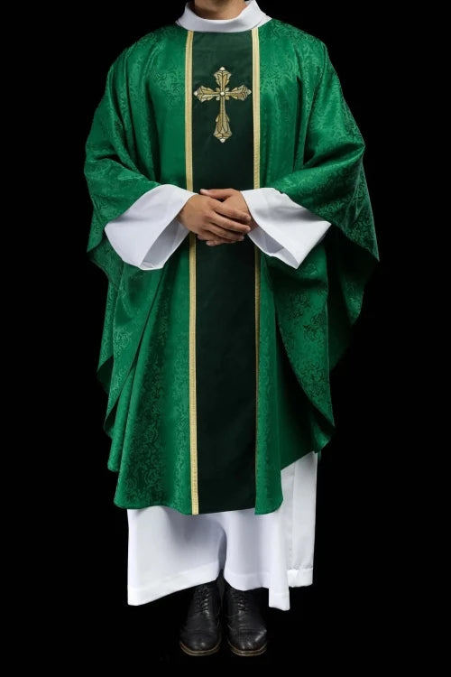 Green Chasuble with embroidered band with cross motif — full view