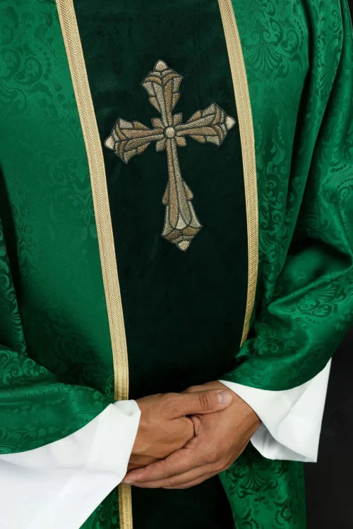 Green Chasuble with embroidered band with cross motif — back view