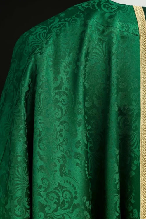 Green Chasuble with embroidered band with cross motif — close-up detail