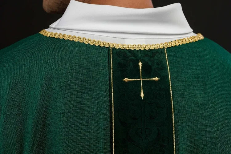 Green Chasuble with embroidered band with cross motif — side view