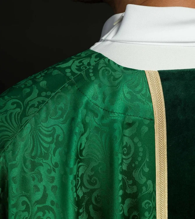Green Chasuble with embroidered band with cross motif — side view