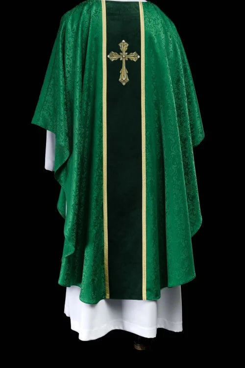 Green Chasuble with embroidered band with cross motif — vestment detail