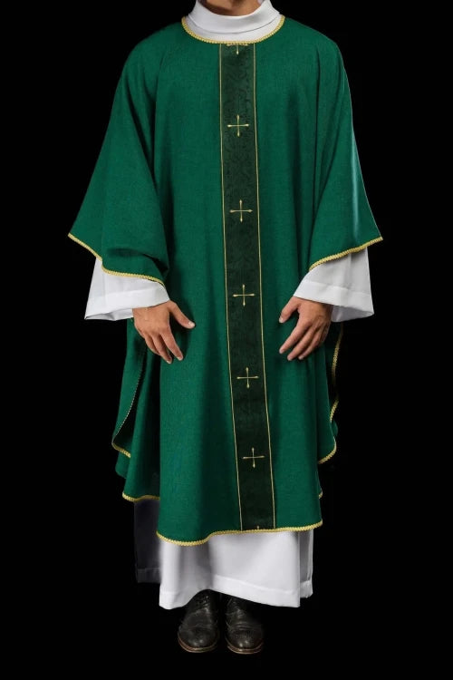 Green Chasuble with embroidered band with cross motif — vestment detail