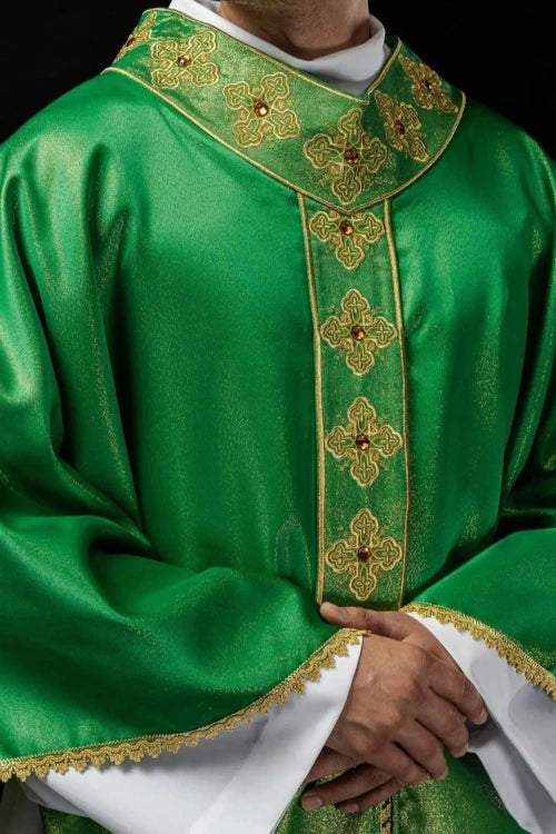 Green Chasuble with embroidered band with cross motif – Variant II — front view