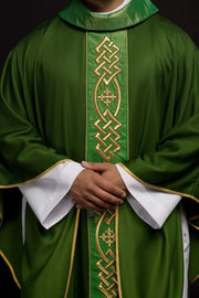 Green Chasuble with embroidered band with cross motifs — front view