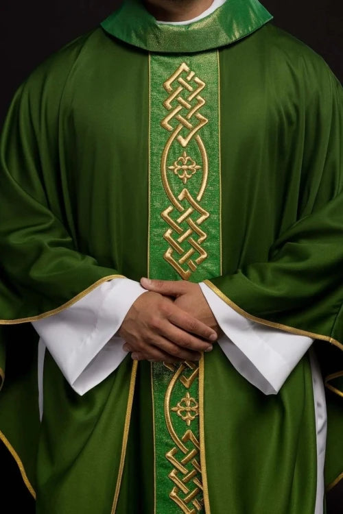 Green Chasuble with embroidered band with cross motifs — front view