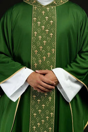 Green Chasuble with embroidered band with cross motifs — front view
