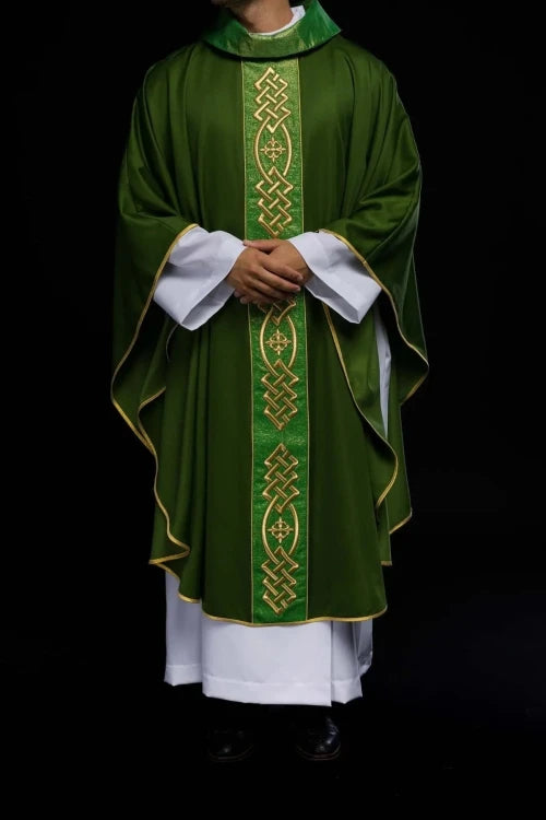 Green Chasuble with embroidered band with cross motifs — full view